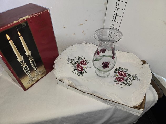 Image for Lenin placements with burgundy roses vase with hand painted burgundy, flowers and a pair of crystal candlesticks