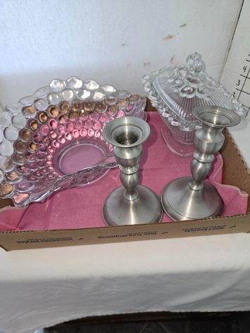 Image for Glass fruit bowl candy dish with lead and pewter candle holders
