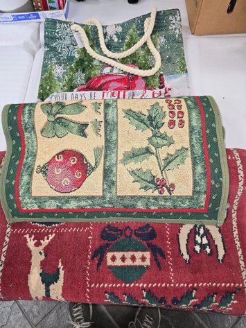 Image for Two sm. Holiday rugs, NEW Holiday bag.