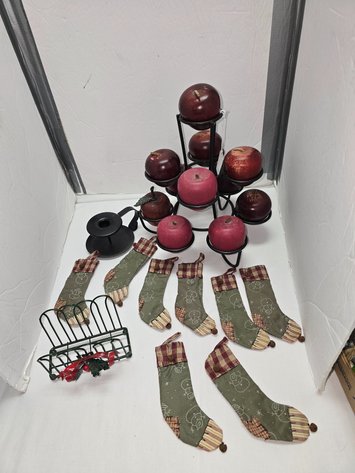 Image for Wooden apples in holder, handmade stocking ornaments