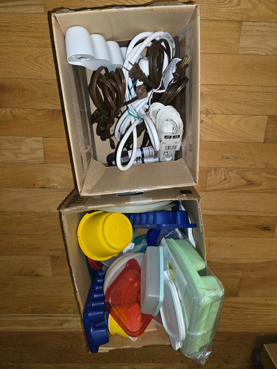 Tupperware and plastic dishes, extension coords