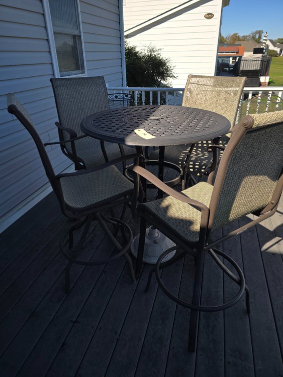 Patio table and 4 chairs,  umbrella stand