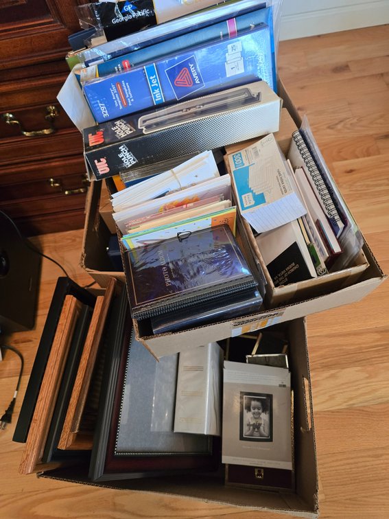 Office supplies, empty frames, ect