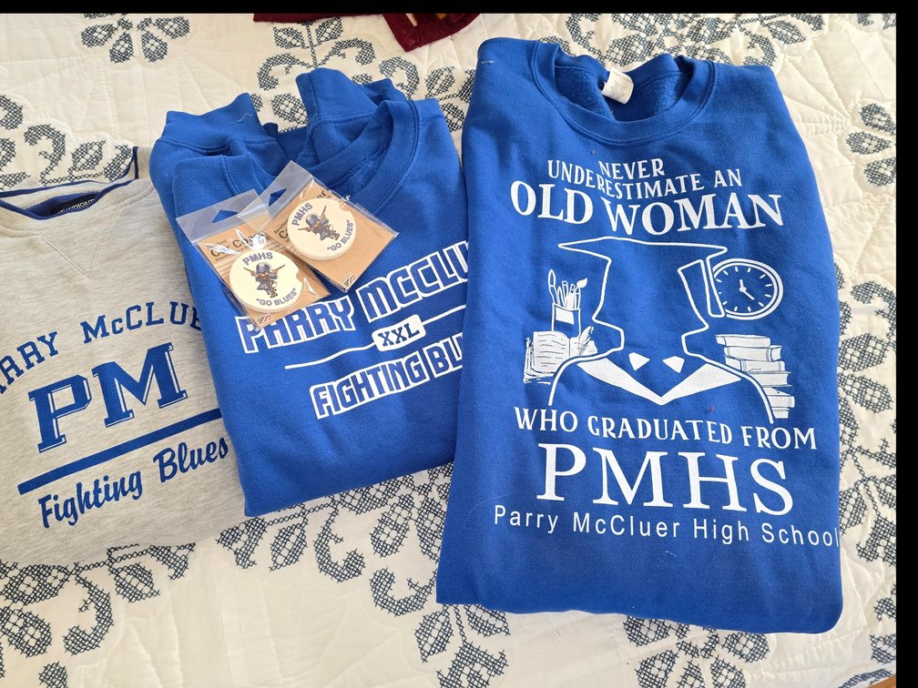 3 PMHS sweatshirts, 2 xl , 2 Blues coasters