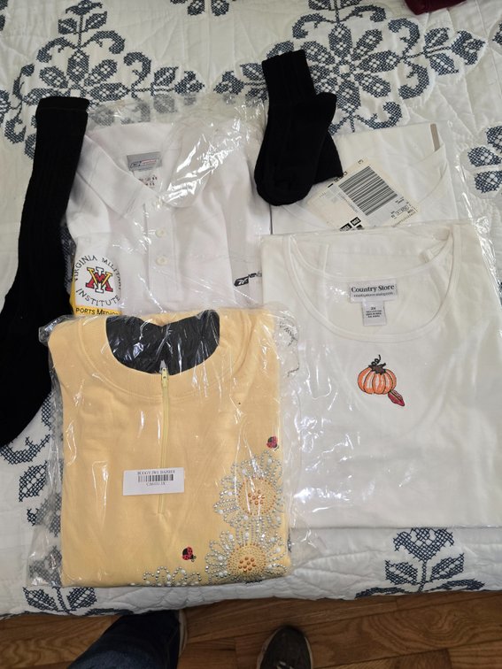 Yellow sweat shirt. Other 3x shirts, socks