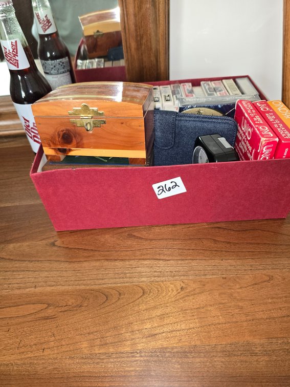 Box of playing cards, small travel clock and little cedar chest