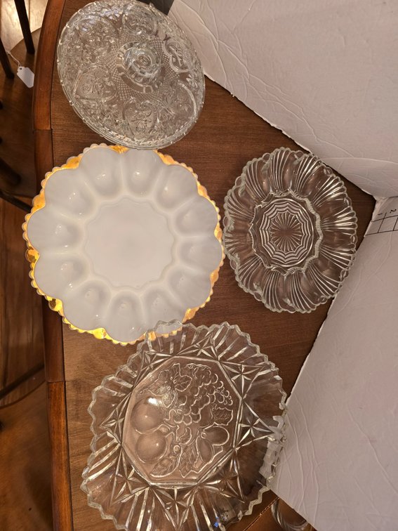 Pressed glass serving tray, egg dishes and candy bowl