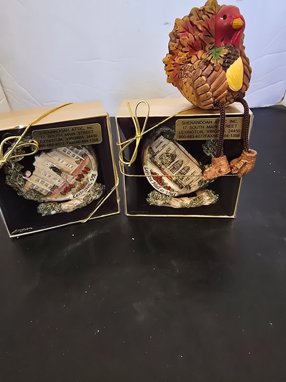 2 VMI ornaments and sitting turkey