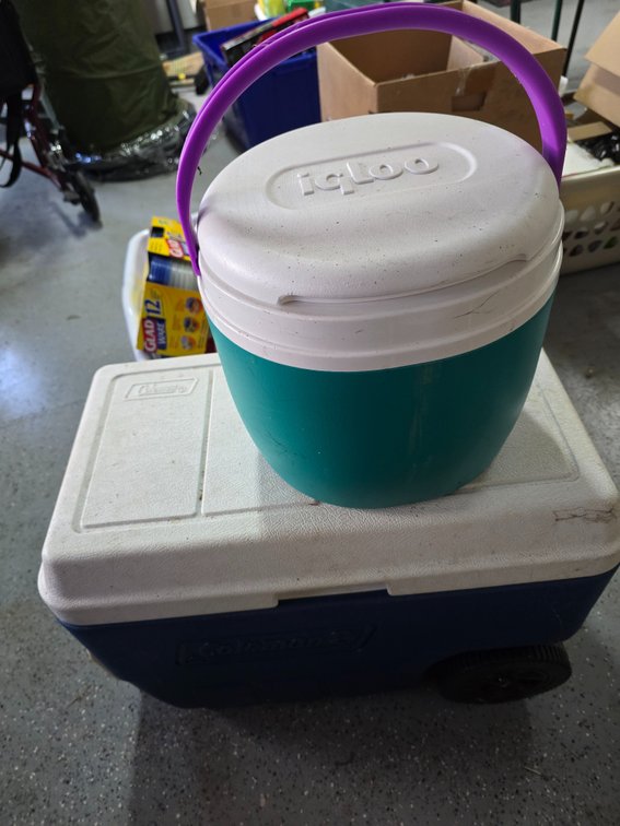 Coleman cooler on wheels and igloo cooler