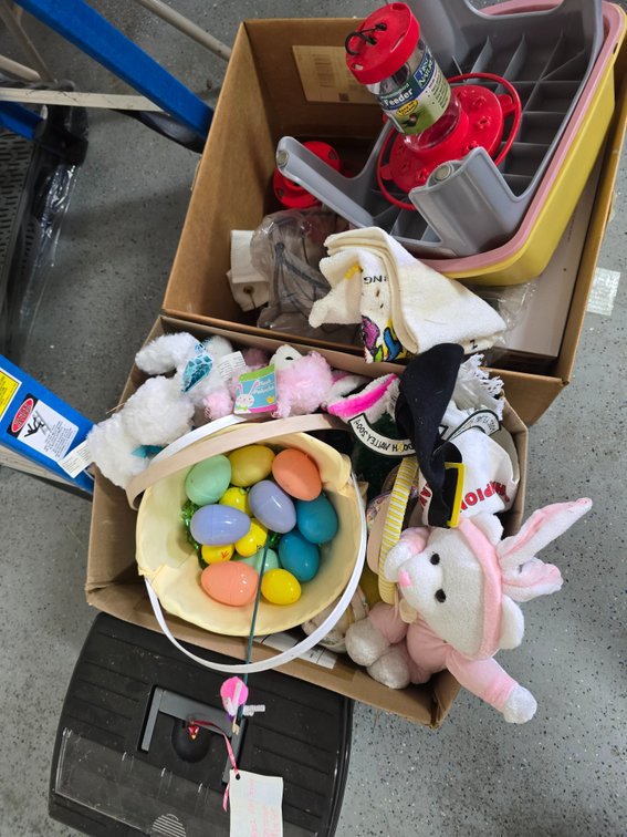 C****** bird feeders, easter decor and files box