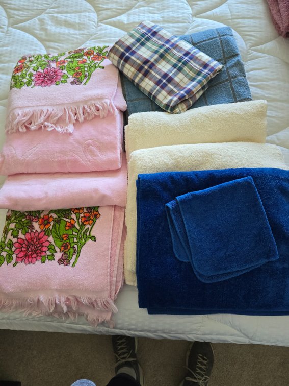 Towels, wash cloths and shower curtain