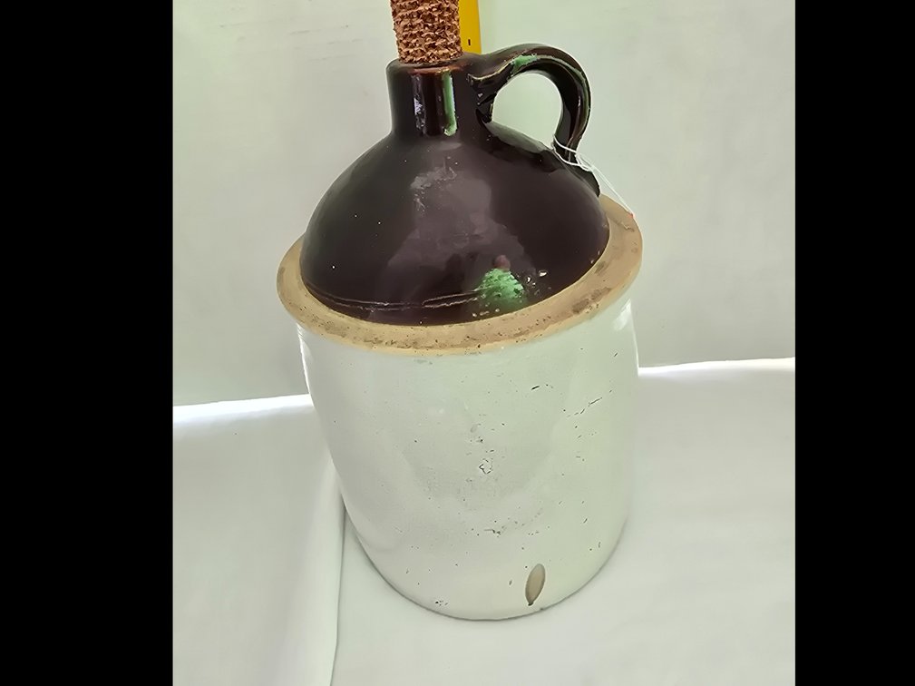 Brown and white glazed jug 10"