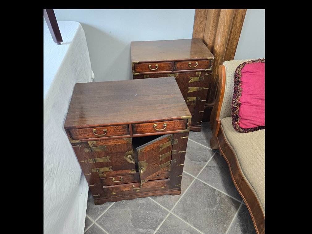 Pair of wooden and brass, side tables with cabinet and drawers
