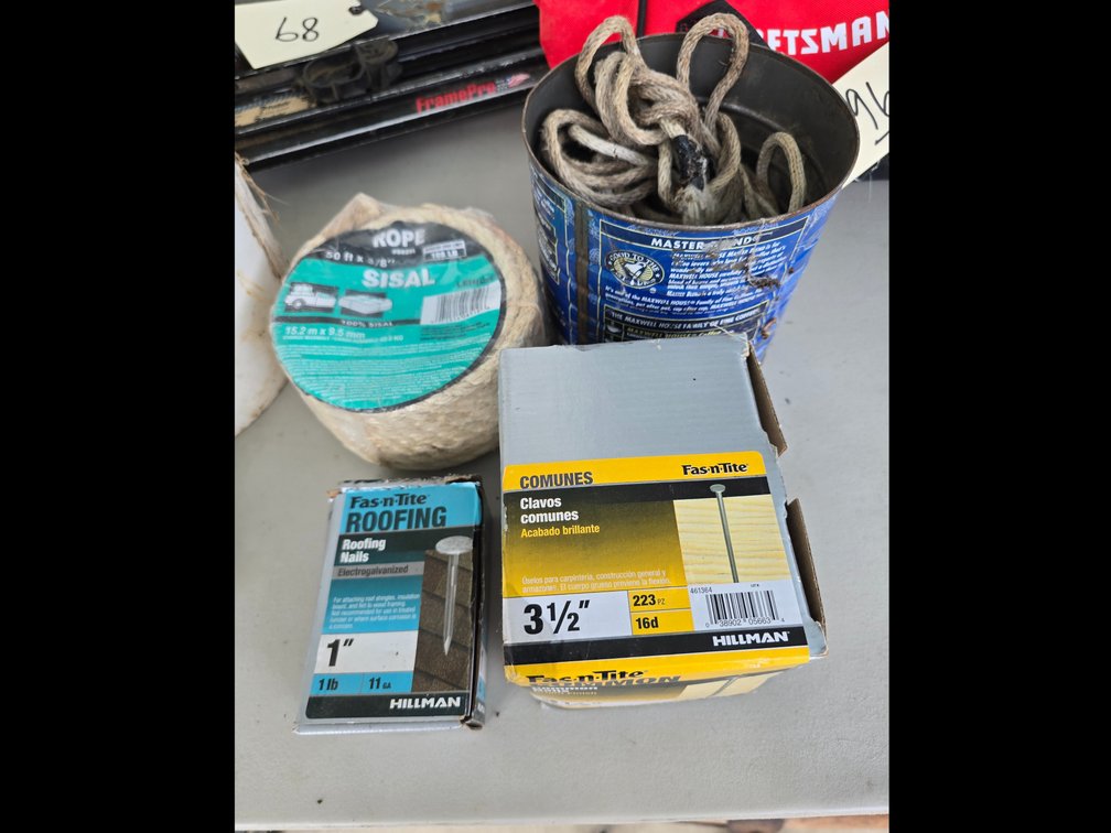 Bucket of nails and sisal rope