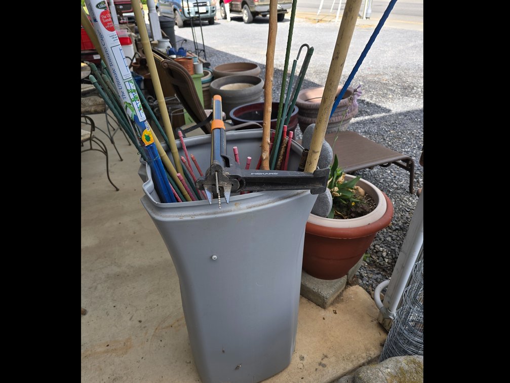 Plastic tub full of tomato steaks and garden items