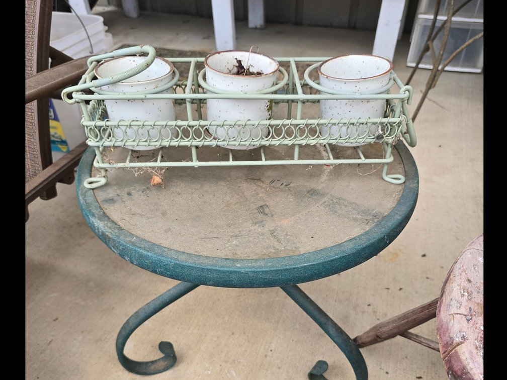 Porch table and iron planters stand with sm. Ceramic pots