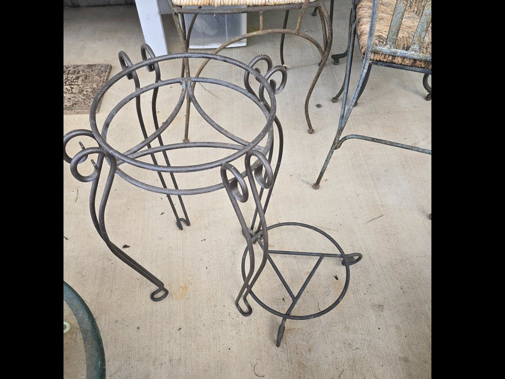 Two iron plant holders, wooden plant stand topper