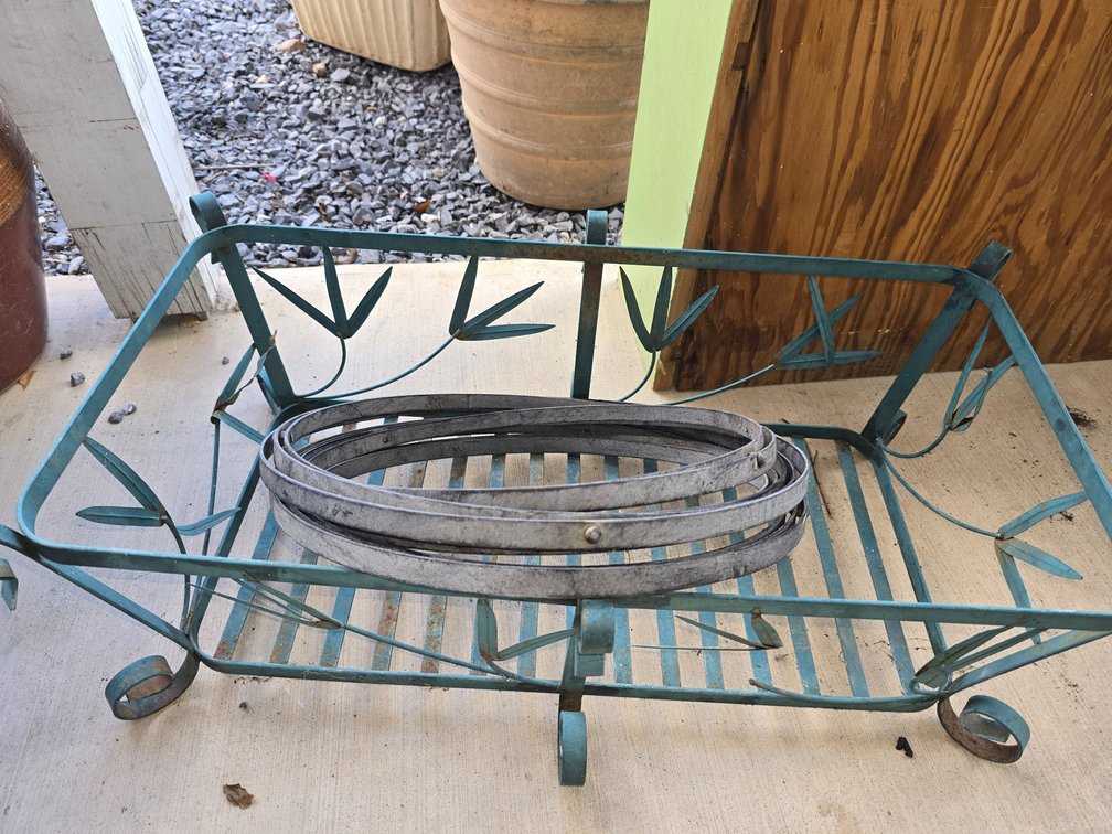 Iron planter stand and rings for barrel 