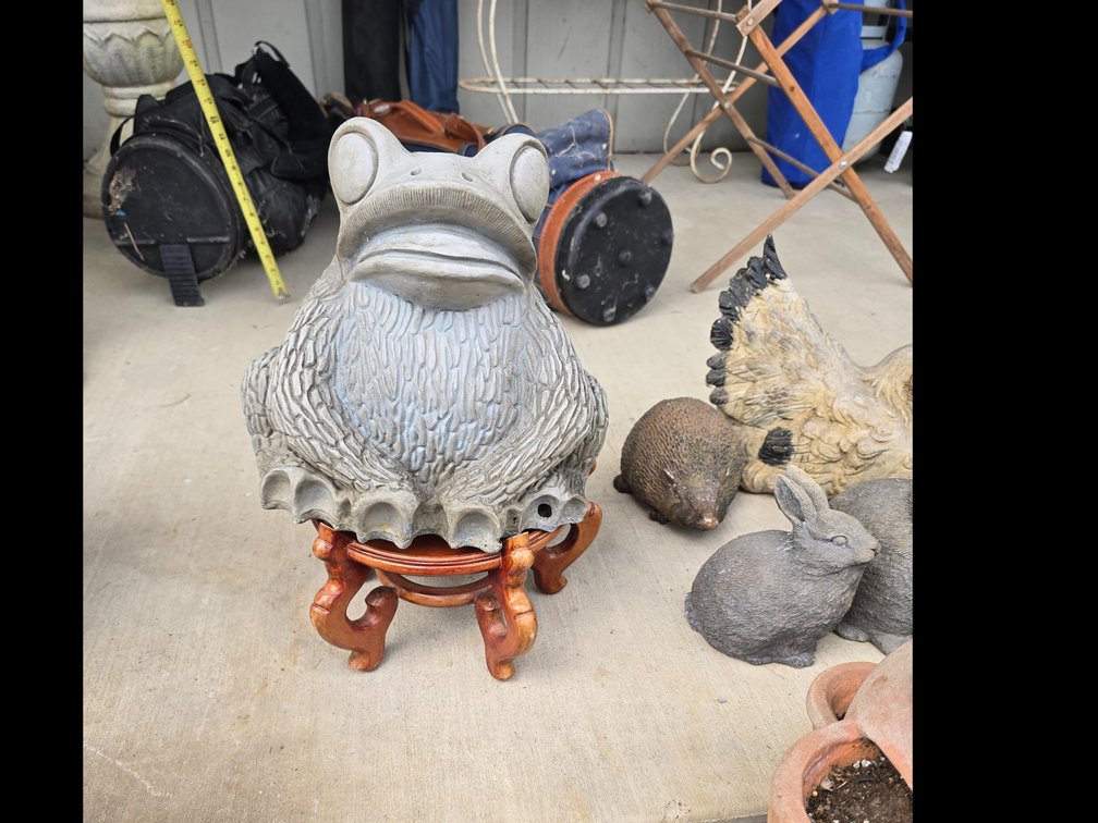 Yard frog on wood base