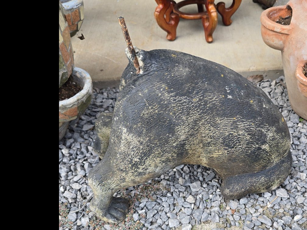 Dog with head buried,  broken tail, concrete 