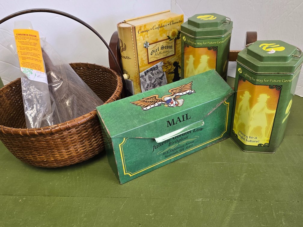 Very nice basket wooden book holders, and decorative tins