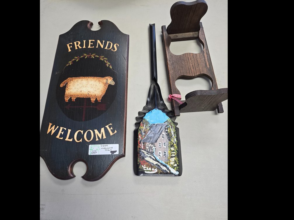 Hand painted, welcome sign.Hand painted  cold shovel and a wooden handcrafted book holder