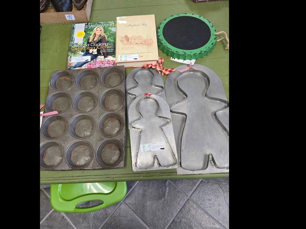 Gingerbread molds, muffin tin, cookbooks