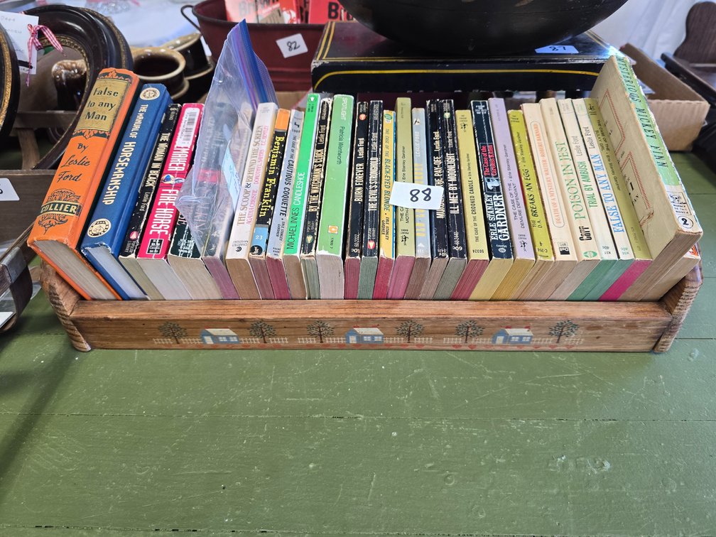 30 paperbacks books and wooden crafty book rack