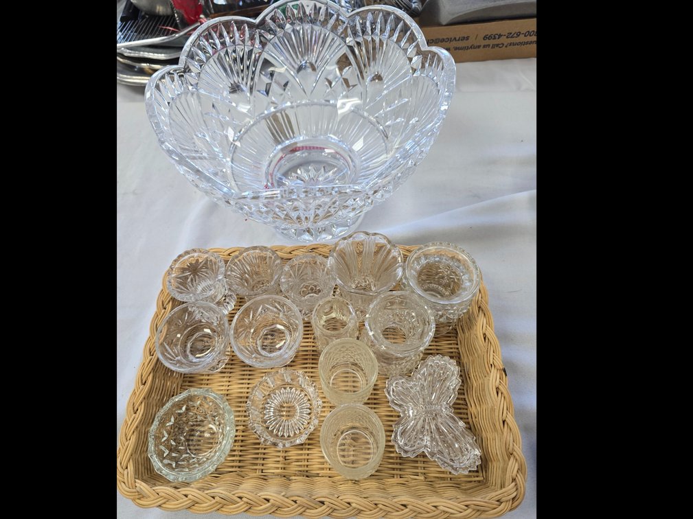 Pressed glass fruit bowl toothpick holders, salts and small vases