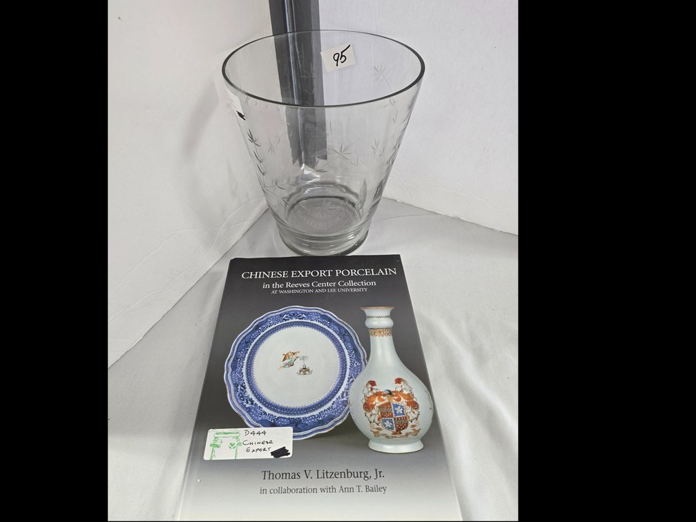 Lg. Etched glass vase, Princess House??? And Porcelain book
