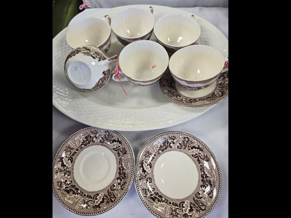English, china, cups and saucers and a sixteen inch white platter