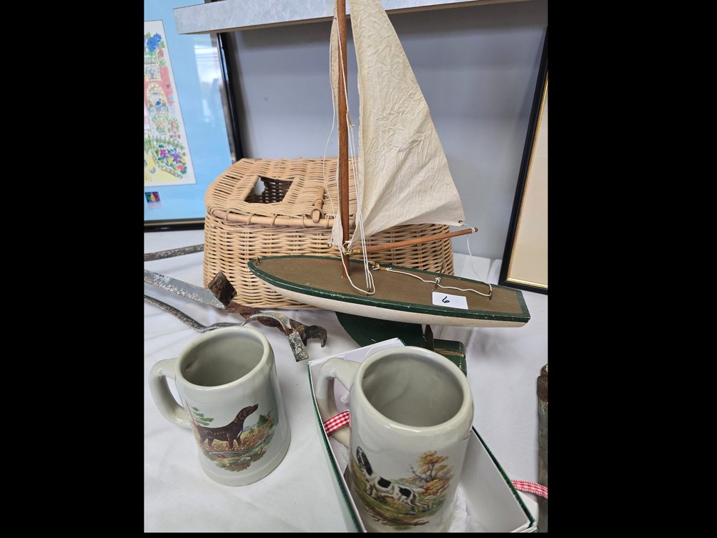 Two McCoy hand made mugs, a decor sailboat , fishing basket