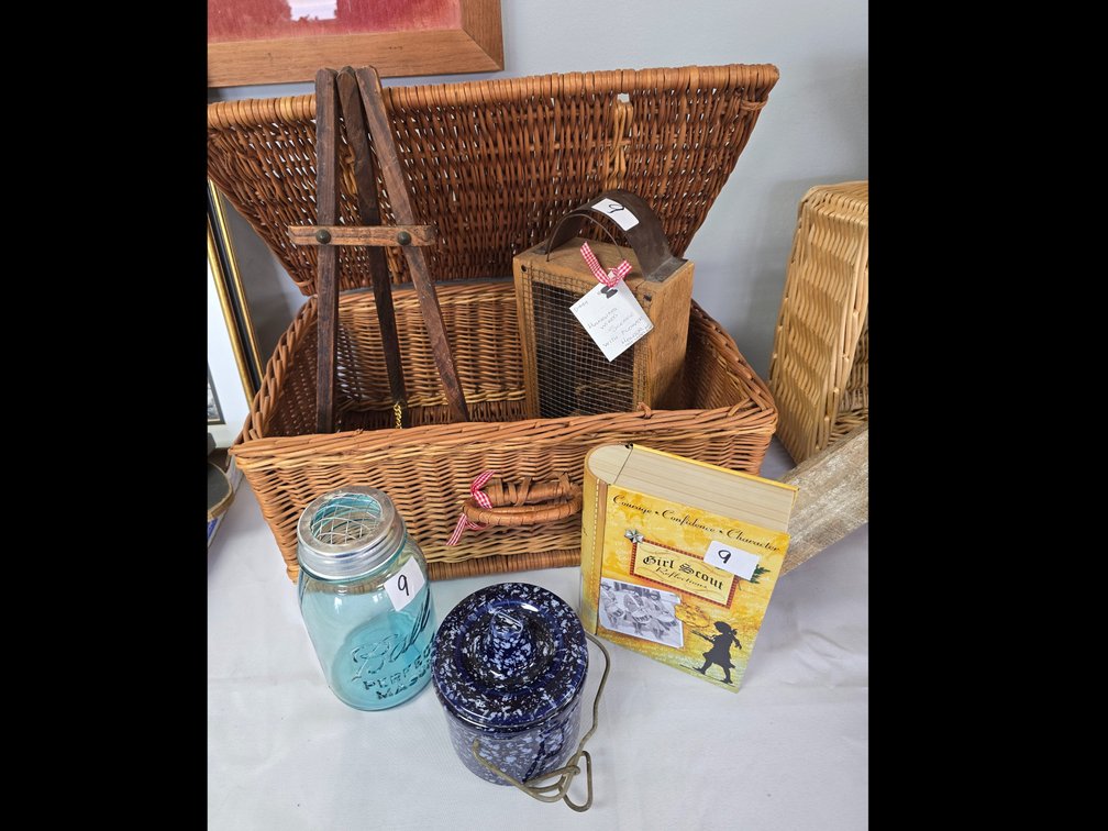 Picnic basket hanging wired sconces, blue jar, ect