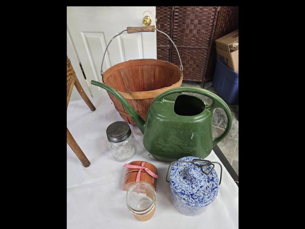 Apple gathering basket with wooden dowel, S&P, crock and metal top jar, ect