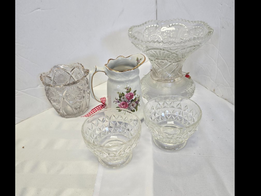 Nice mixture of pressed glass and old foley.Harmony rose pitcher with gold trim