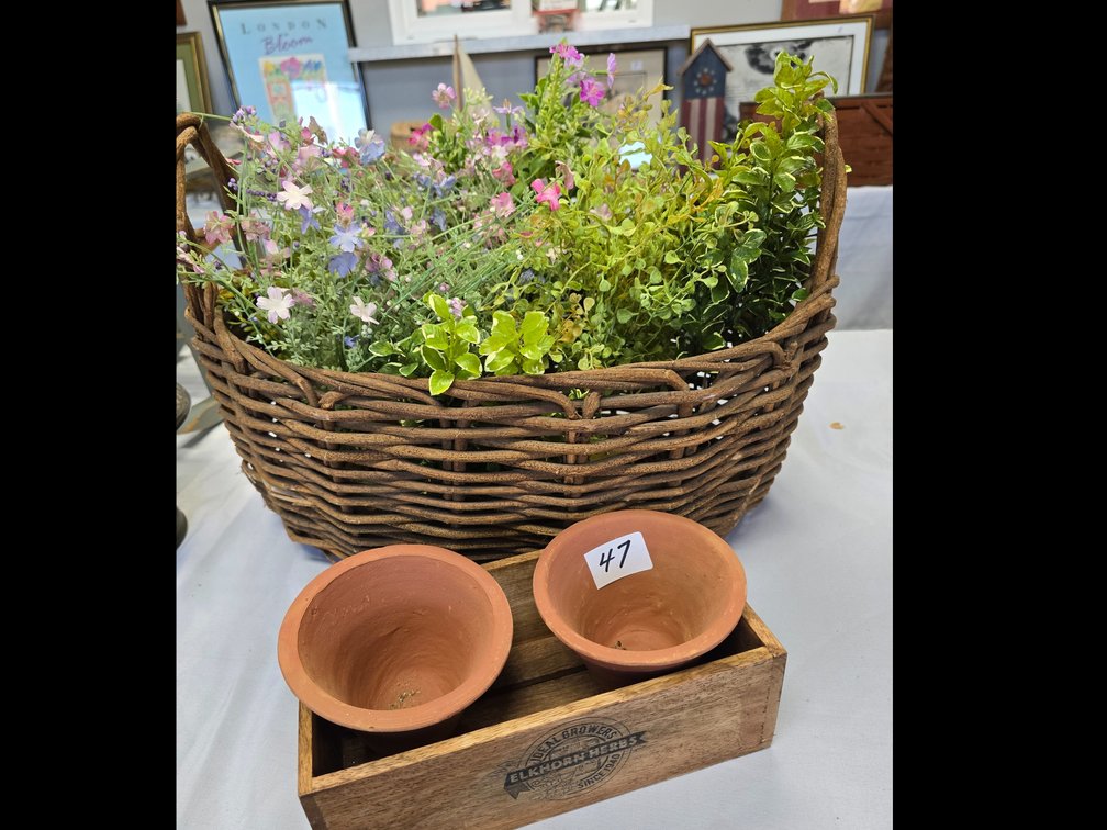 BeautifulCrafted basket with silk flowers and a advertisement box with two red clay pots