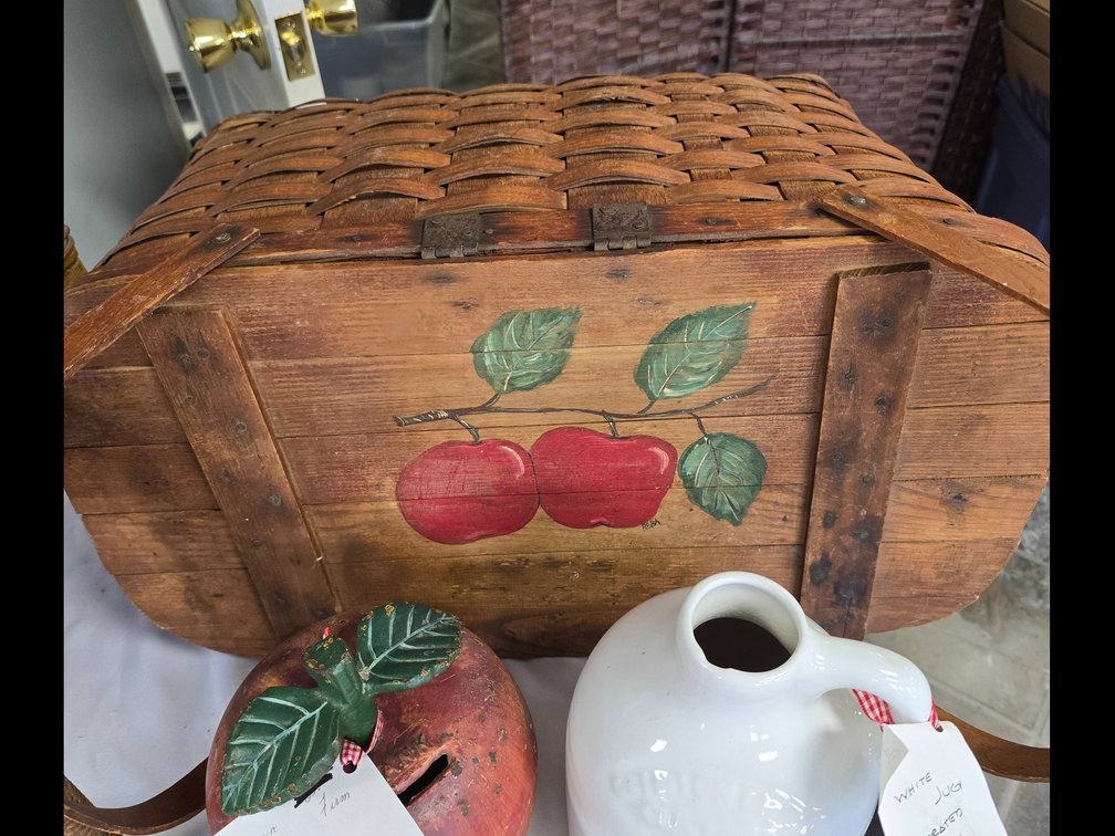 Apple picnic basket,  heavy iron apple bank, apple drawer pulls and jug