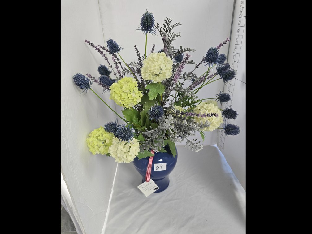 Blue table arrangement silk flour ceramic vase