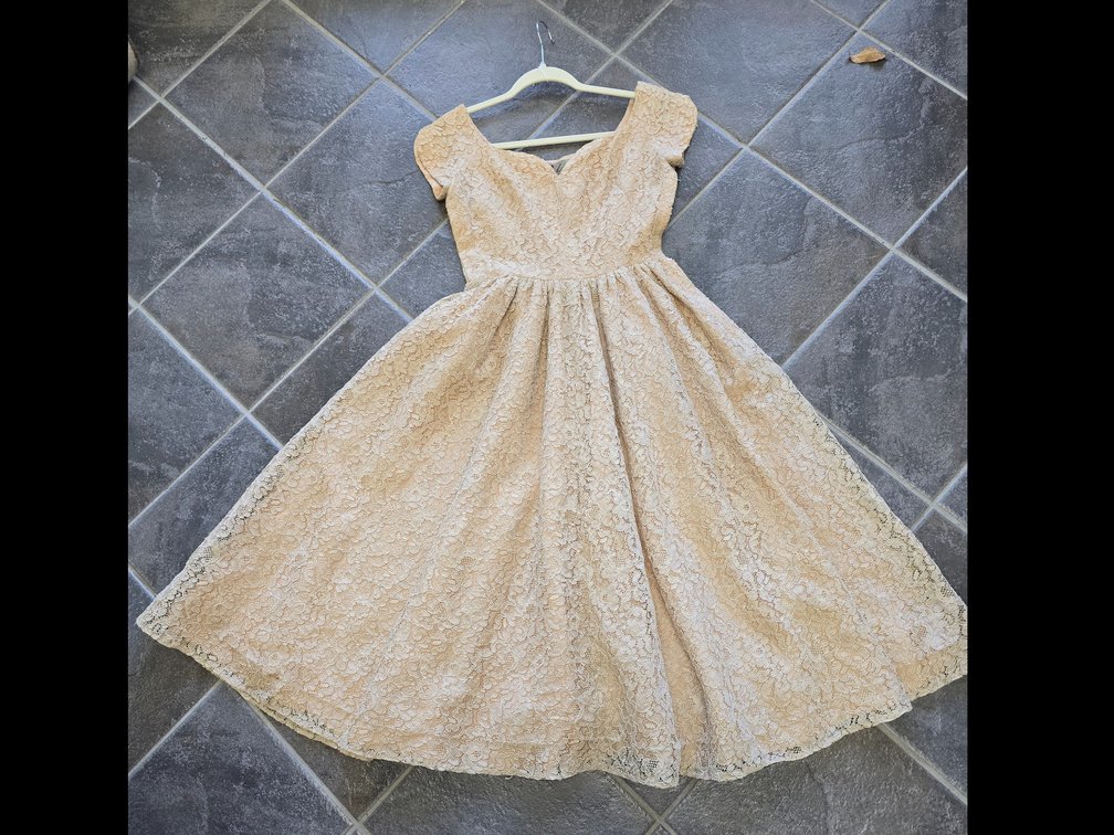 1950's cocktail dress lace over satin by Carlye