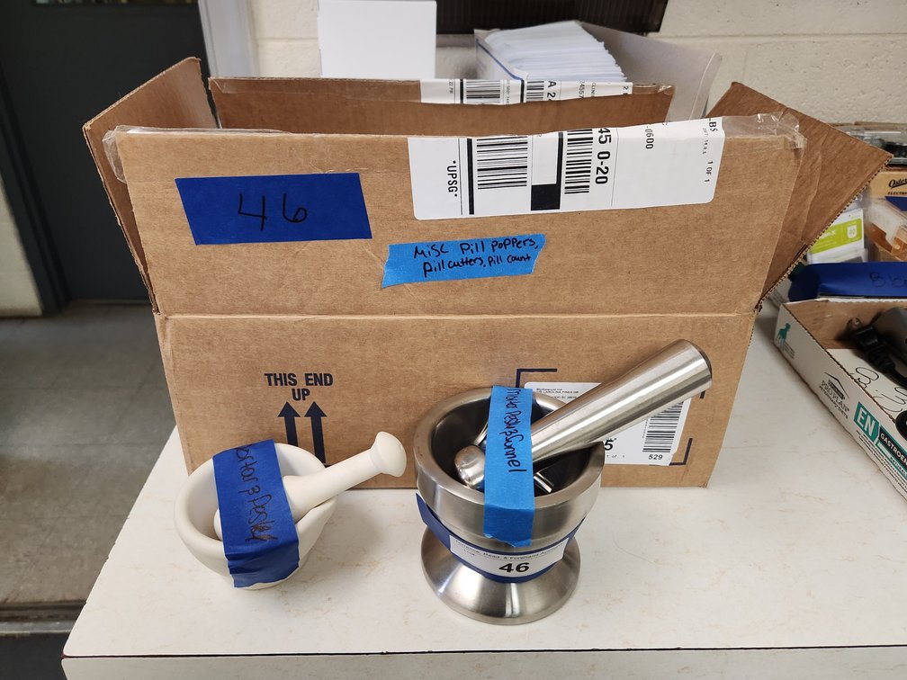 Mortar & pestles, Prescription labeling supplies, pill cutters 