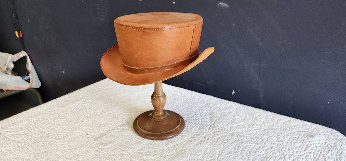 Vintage Leather hat & oak hat stand