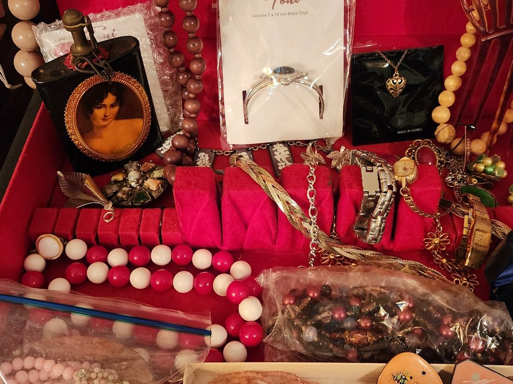 Black jewelry box - with assortment of jewelry