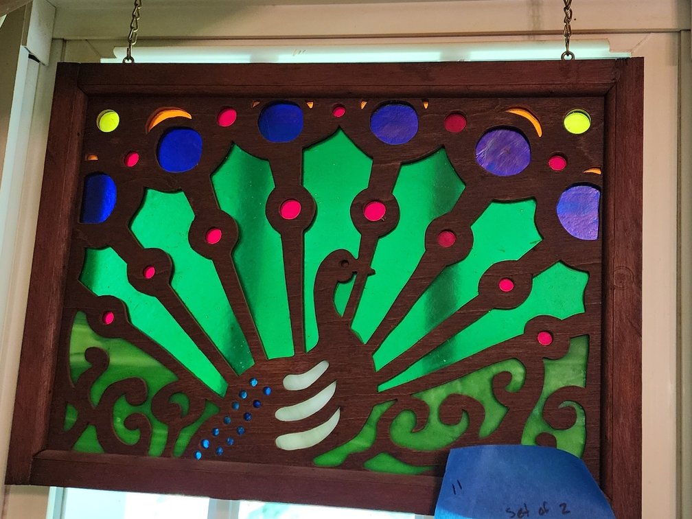 Stained glass peacock hangings - handmade set of two