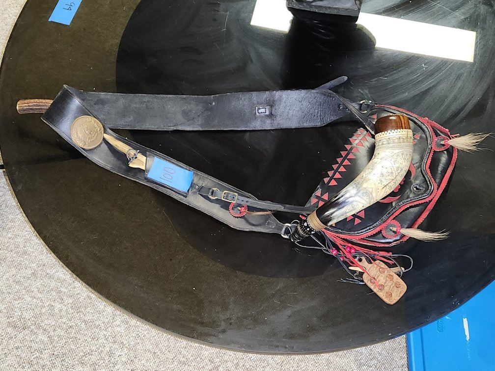 Handmade black and red satchel with powder horn
