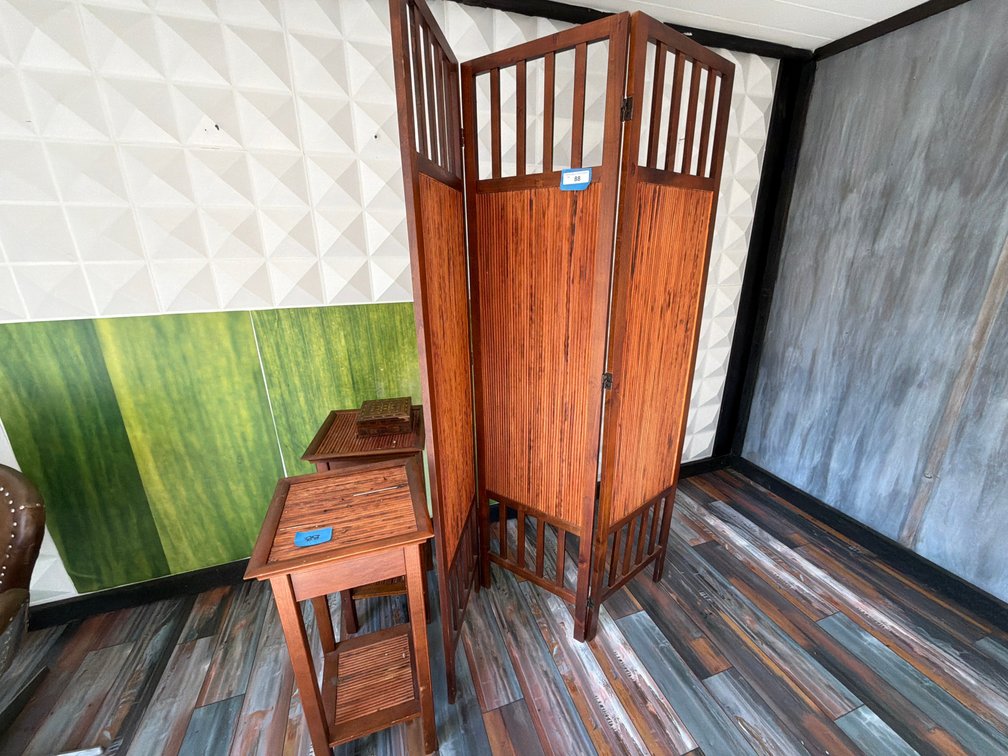 Split Bamboo Teak Room Divider w/ 2 endtables