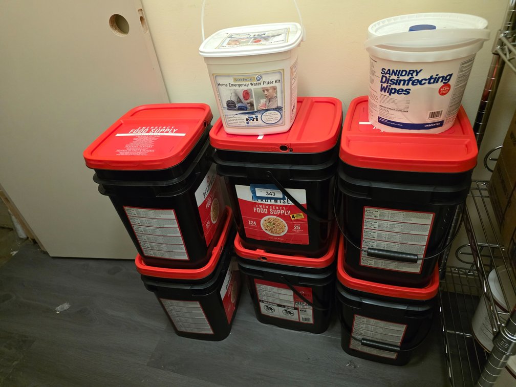 Ready-wise emergency food supply buckets and water filter kit