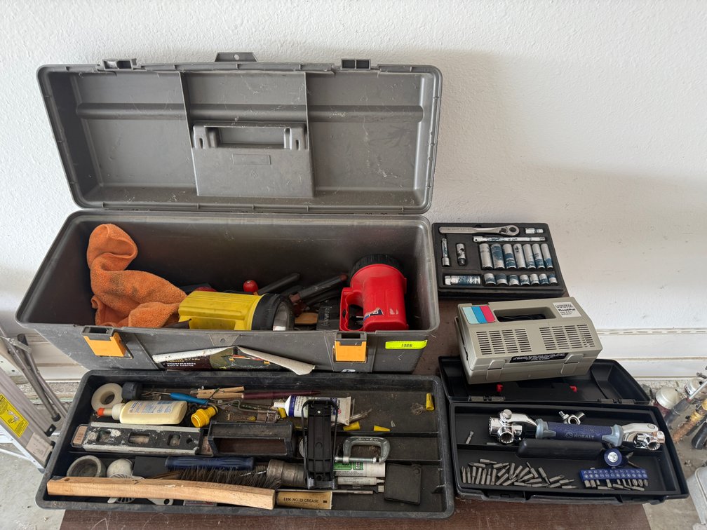 G- Assorted Tools, Tool Boxes, Inflator