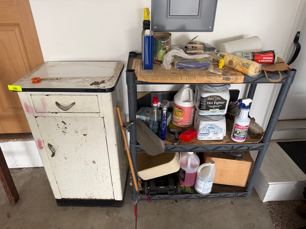 G- Metal Cabinet & Plastic Shelving Unit With Contents