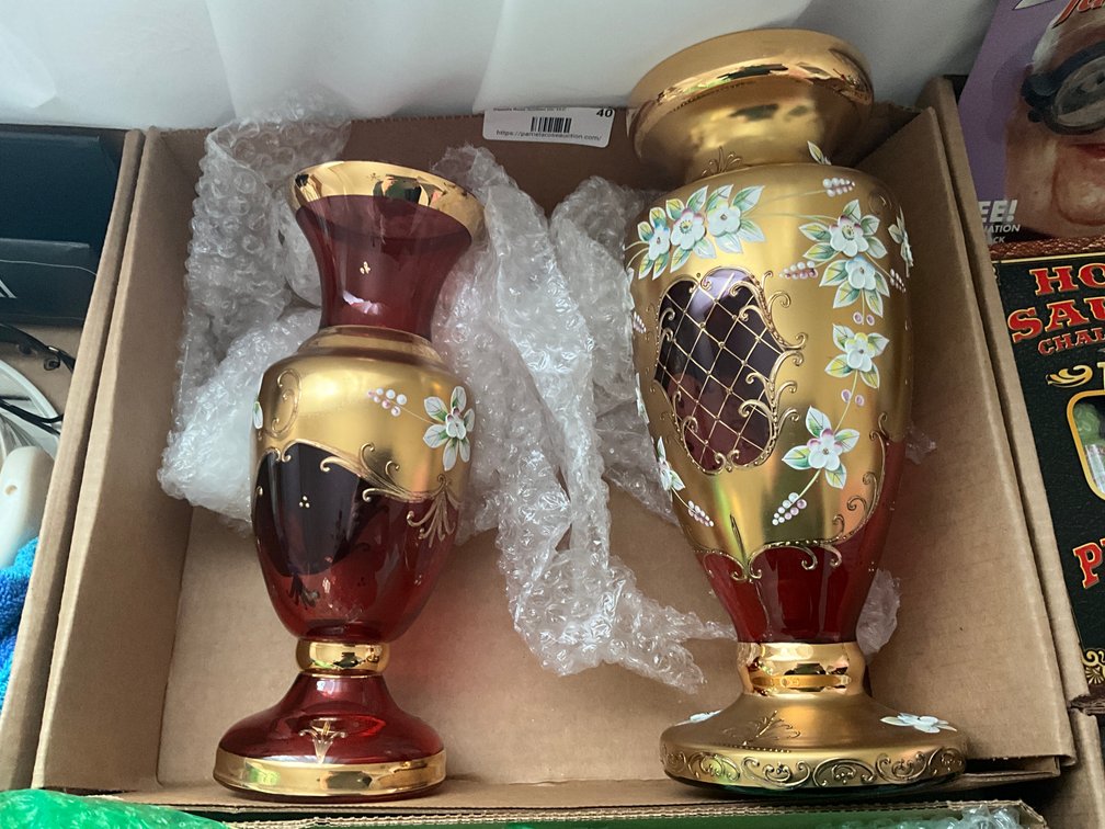 LR- Red Glass With Gold Vases