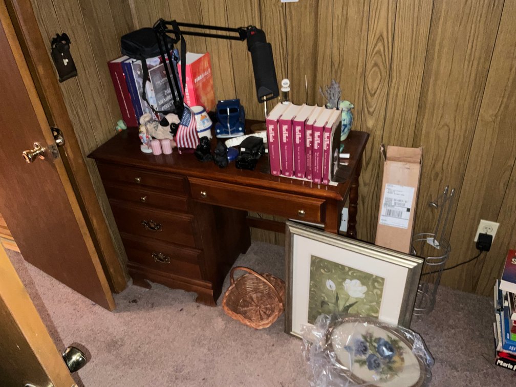 UP- Wood Desk, Frames, Books, Decor